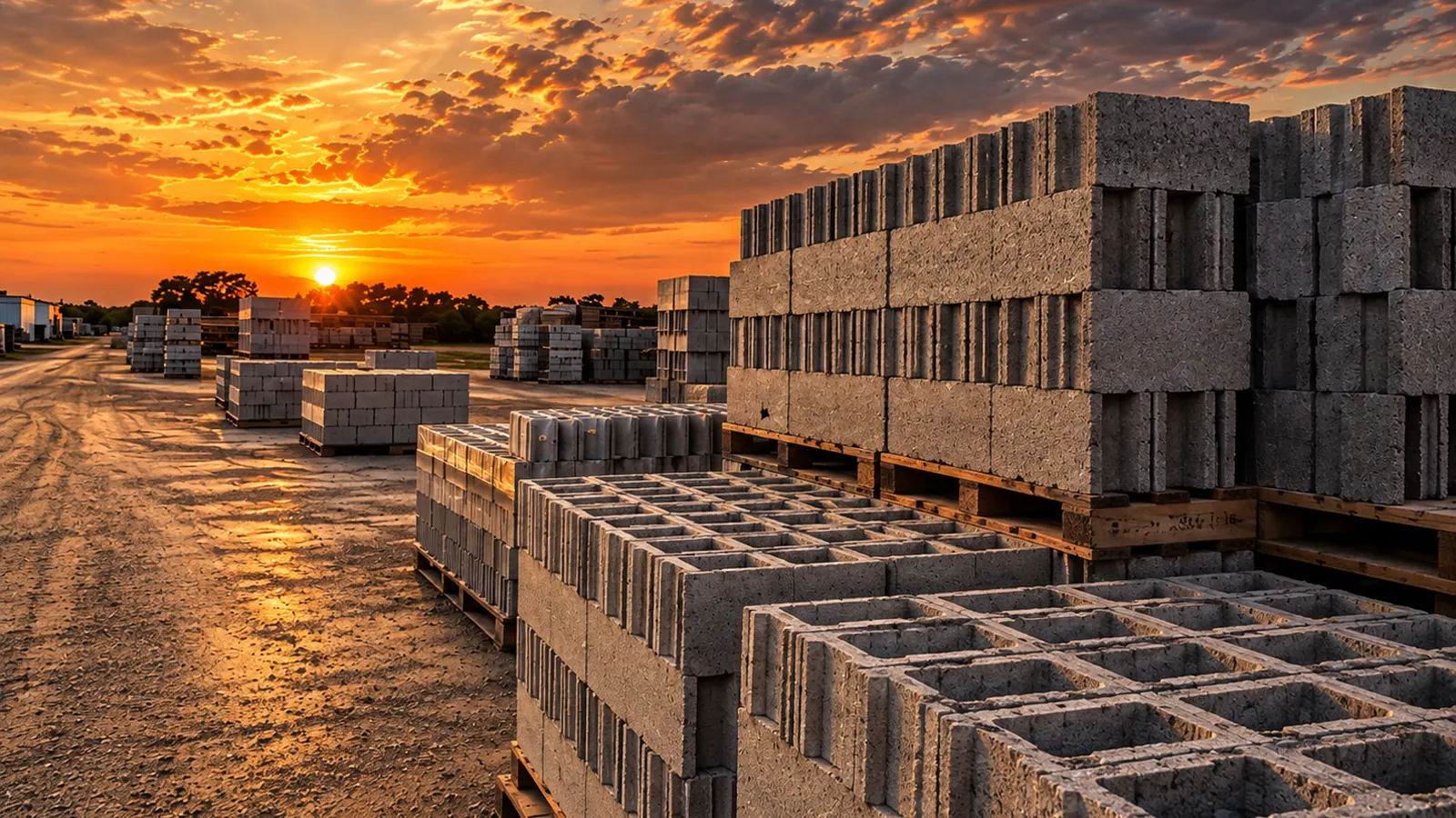 Pátio com paletes de bloco de concreto ao pôr do sol