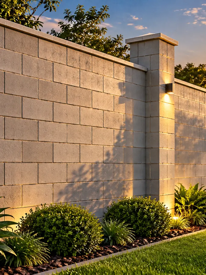 Muro de bloco de concreto com pilares ao pôr do sol